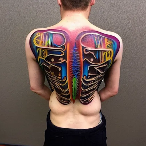 Image similar to backside on the shoulders is a tattoo of a 3 d hole in the skin with multicolored tubes and robotic mechanics and computerparts inside under the skin, insanely integrate,