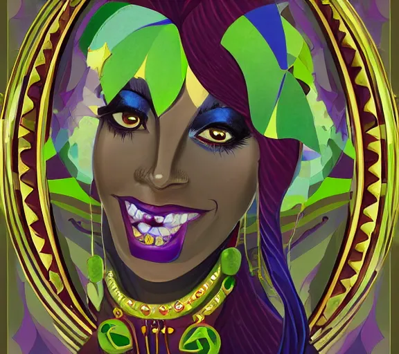 Image similar to beautiful female character inspired by new orleans mardi gras and cubism vampire bounty hunter | | digital artwork made by greg rutswork, anna dittmann and lois van barlee, symmetrical rim light, anatomically correct