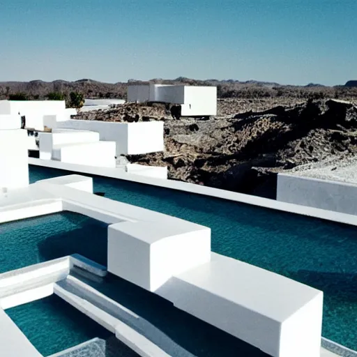 Image similar to habitat 6 7, white lego architect building in the dessert, many plants and infinite pool