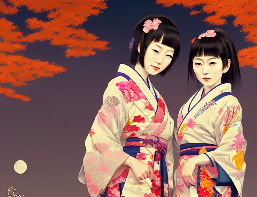 Image similar to two beautiful charming japan girls wear arty kimono in festival | | sunny night, full moon, dreamlike art, realistic shaded, smile, good looking, hyper details, 4 k realistic, cryengine, realistic shaded lighting poster by ilya kuvshinov, fuji choko, ross tran, 8 k resolution, trending on artstation, luxury