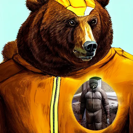 Image similar to portrait of full body bear beast-man wearing a hazmat suit, digital art, concept art, highly detailed, sharp focus