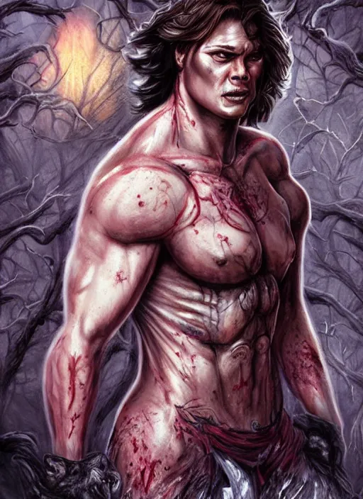 Image similar to Sam Winchester as a muscular half-blood werewolf with religious tattoos on chest and neck, stained and bleeding, magic overlays, magic flames, open portal with runes in the background, romance book cover style, D&D illustration style, (octane render) fantasy style, sharp focus, ultra detailed, art by Artgerm and Peter Andrew Jones, Ayami Kojima, Amano and Olivier Ledroit