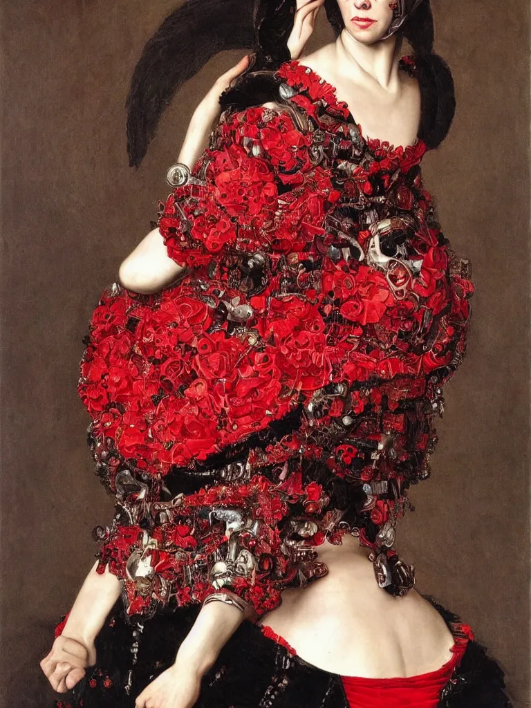 Prompt: Detailed maximalist stunning portrait of Signorney Weaver dressed in a black and red Victorian collar dress, HD mixed media, 3D collage, highly detailed and intricate, masterpiece, award-winning, surreal illustration in the style of Caravaggio, dark art, baroque