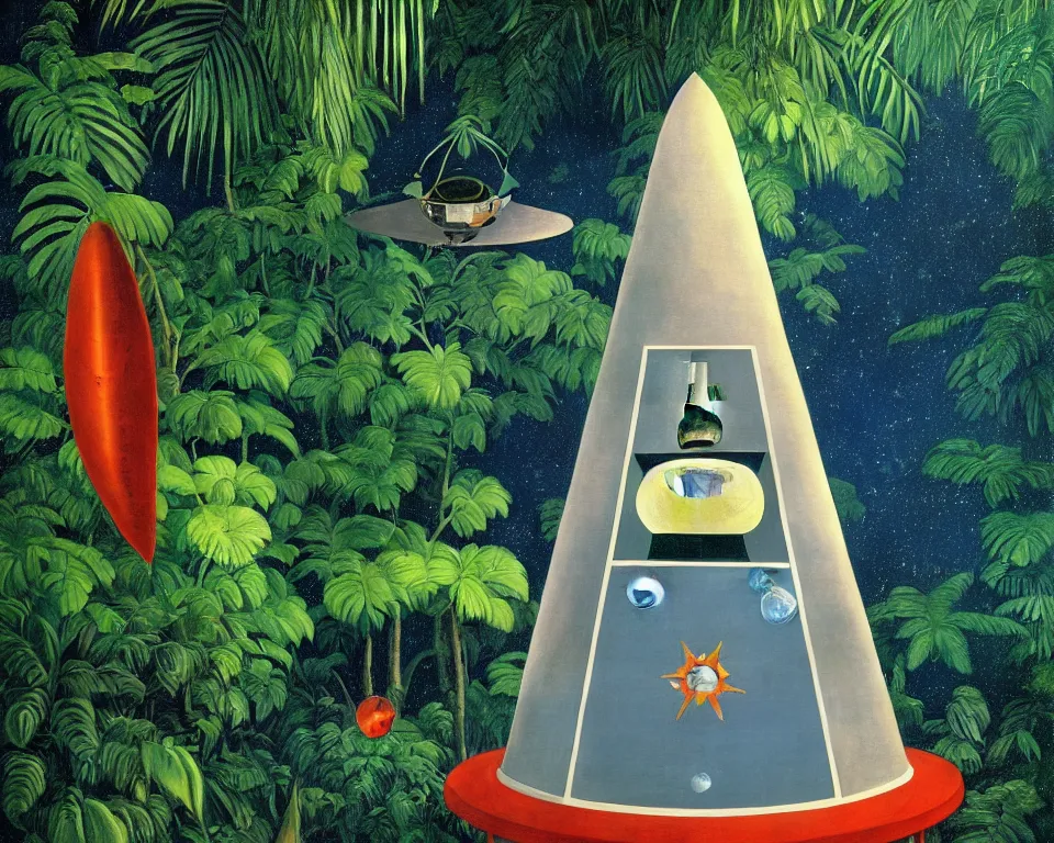 Prompt: an achingly beautiful print of an Apollo command module in the middle of a tropical rainforest by Raphael, Hopper, and Rene Magritte. detailed, romantic, enchanting, trending on artstation.