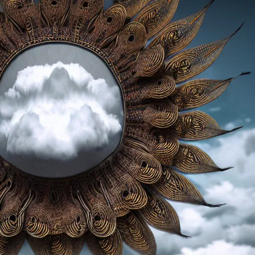 Image similar to an elaborate intricate mask made of wind caught is a cloud vortex, rendered in octane, behance hd, bokeh backdrop