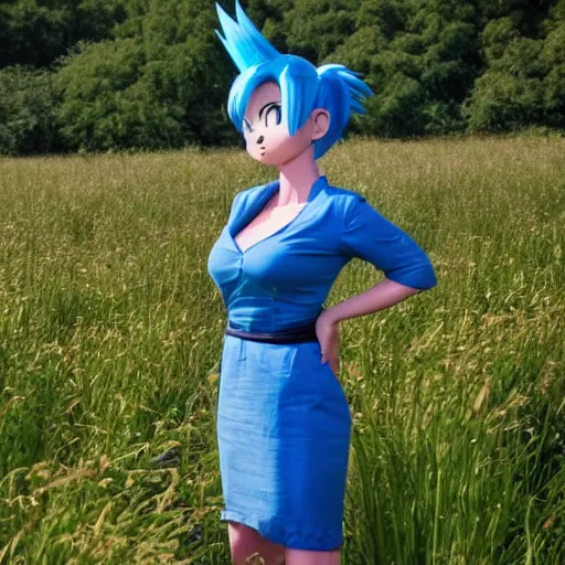 Image similar to bulma from dragon ball, bulma, bulma standing in a field,