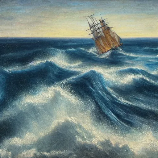 Image similar to stark oil painting, sailing ship at the edge of the world, man vs. nature, deep blue water, whitecap waves, point of no return, desperation, vivid, highly detailed, master renaissance painter, 4k scan