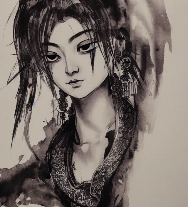 Image similar to taoist buddhist art brush ink painting of a beautiful girl epic portrait in squareenix miura kentaro sorayama technoir noir style detailed trending award winning