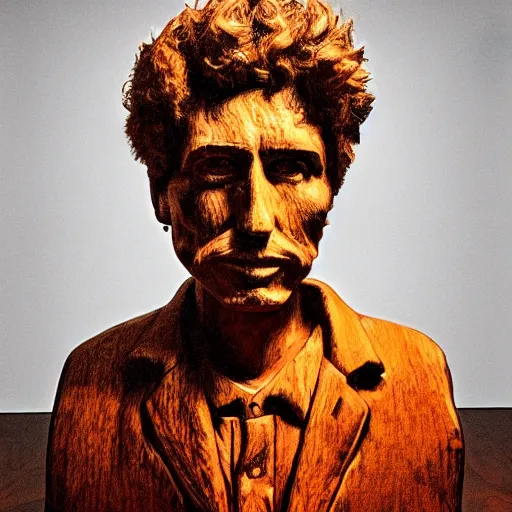 Prompt: accurate portrait of a bob dylan, symmetrical face, carved out of red oak wood on a pedestal art by vincent van gogh, dramatic lighting, artsy, 8 k