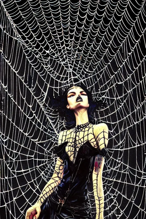 Image similar to dreamy gothic girl, black leather slim clothes, chains, covered in spider web, beautiful body, detailed acrylic, grunge, intricate complexity, by dan mumford and by alberto giacometti, peter lindbergh