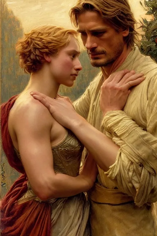 Prompt: attractive fully clothed young jaime lannister confesses his love for his attractive fully clothed brienne of tarth. highly detailed painting by gaston bussiere and j. c. leyendecker 8 k