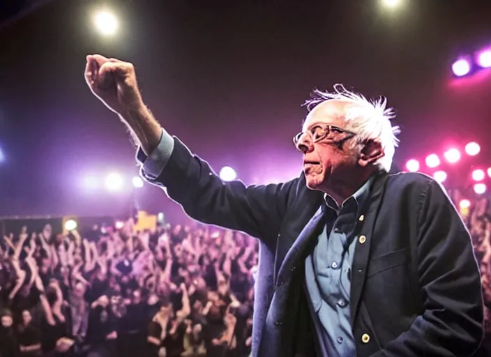 Image similar to publicity photo still of bernie sanders in a punk band playing live on stage, 8 k, live concert lighting, mid shot