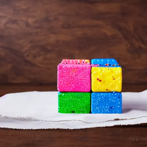 Image similar to photograph of a rainbow marshmallow cube with sprinkles on a dark wooden chopping board, hessian cloth, styled food photography, photorealistic, 4 k