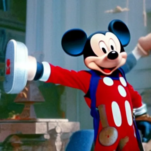 Image similar to Film still of Mickey Mouse as Thor, holding his Mjolnir