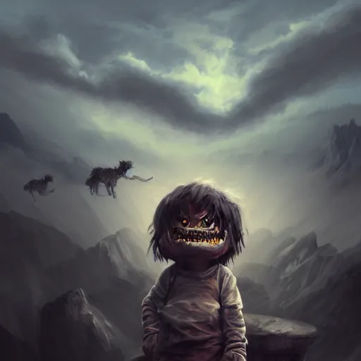 Image similar to child, black eyes, sharp teeth, portrait, hellscape landscape, intricate, detailed, volumetric lighting, scenery, digital painting, highly detailed, artstation, sharp,