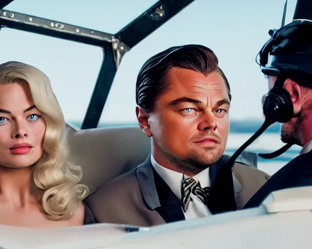 Prompt: leonardo dicaprio as the wolf of wall street next to margot robbie as naomi from the wolf of wall street in a helicopter, hyper realistic faces, beautiful eyes, cinematic, long shot, hyper detailed, 8 5 mm photograph, 8 k resolution, film still, sharp lens, wide lens