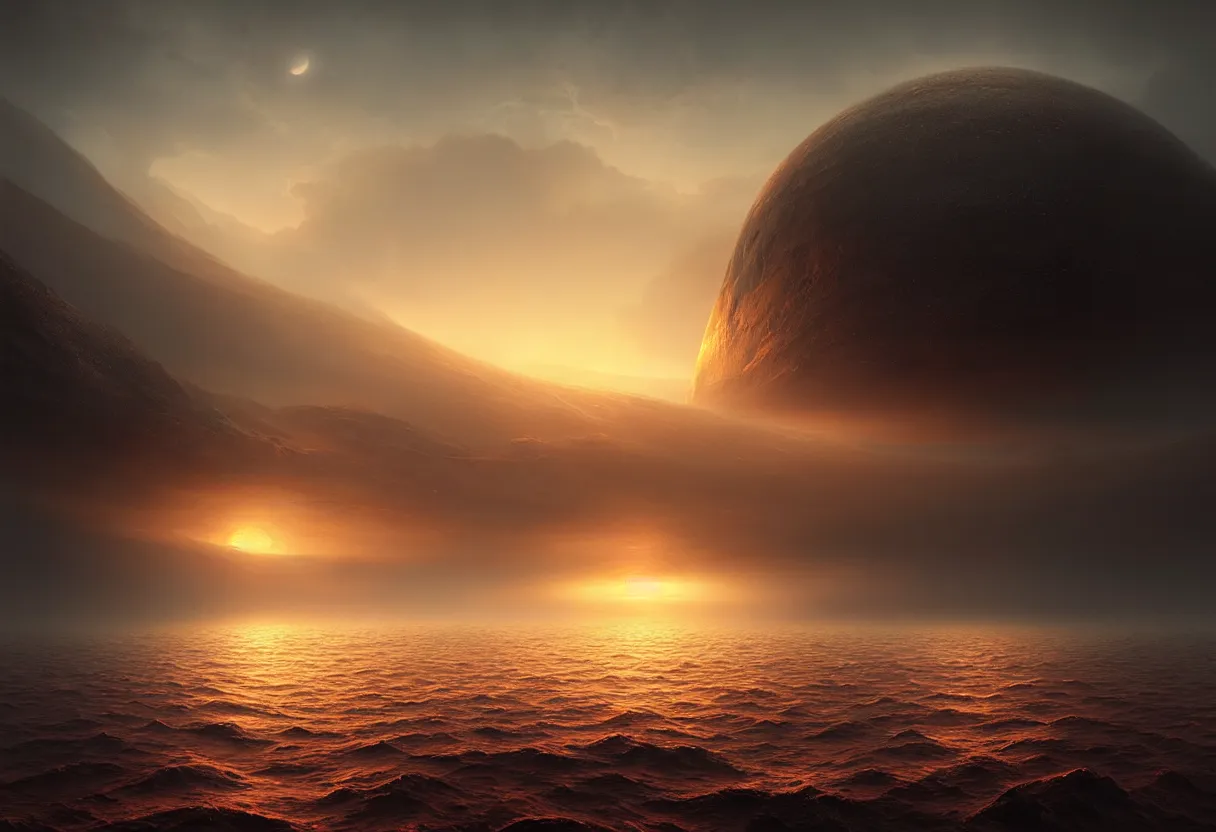 Image similar to strange sea surface of autumn planet at sunset, ultra high definition, ultra detailed, symmetry, fog, matte painting, by greg rutkowski and ross tran and wlop