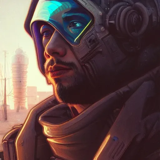 Image similar to A portrait of a cyberpunk guy on the street of a Soviet slum on the moon, Norilsk, sci-fi, fantasy, intricate, very very beautiful, elegant, highly detailed, digital painting, artstation, concept art, smooth, sharp focus, illustration, art by artgerm and greg rutkowski and alphonse mucha