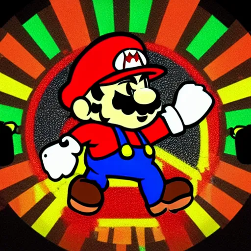 Image similar to svg sticker of a Pop-Wonder SuperMario, Mario-Wearing-a-red-hat, at a rave, spinning records, giant headphones rocking out, wearing headphones, huge speakers, dancing, rave, DJ, spinning records, digital art, amazing composition, rule-of-thirds, award-winning, trending on artstation, featured on deviantart