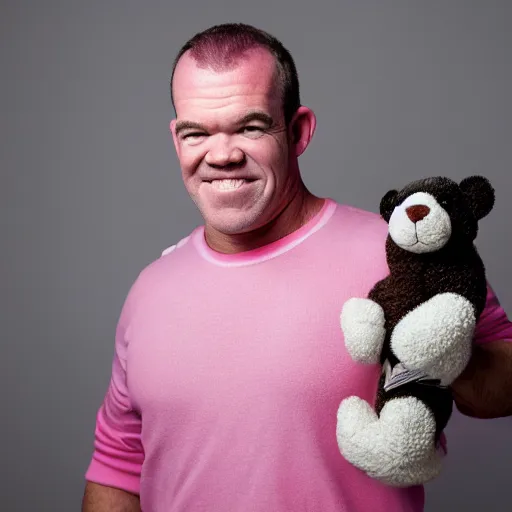 Image similar to professional portrait of Jocko Willink with pink dyed hair wearing a white sweater and holding a teddy bear in a bedroom full of boy band posters and colorful decorations, 8k, dslr,