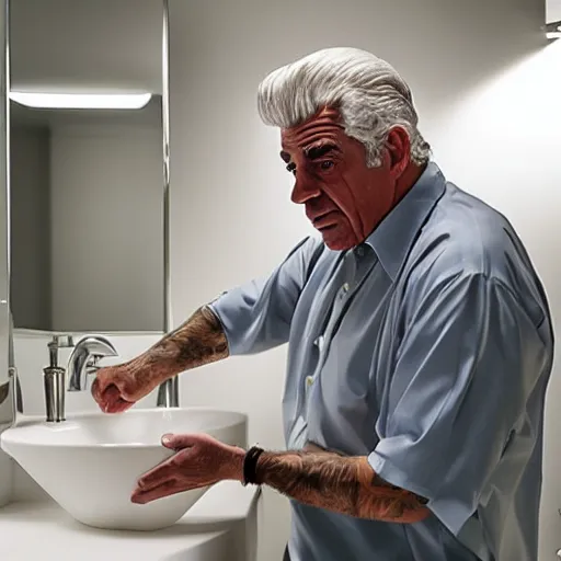 Image similar to phil leotardo in a bathroom washing his hands, realistic, photorealistic, 8 k