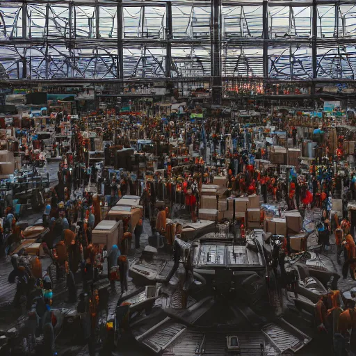 Image similar to crane shot of large group people in open warehouse, looking at hologram of futuristic city on a table, cinematic still, godrays, golden hour, natural sunlight, 4 k, clear details, tabletop model buildings, tabletop model, ethereal hologram center, crane shot, crane shot, gathering