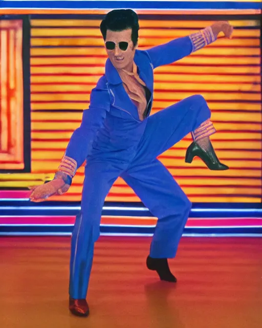 Prompt: leonard nimitz as orange suited tony manero in saturday night fever dancing at a disco with a glowing illuminated multicolored square tile floor