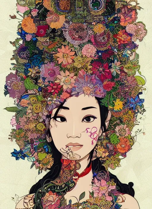 Image similar to !!! very coherent!!! beautiful floralpunk balinese cyborg portrait girl female illustration detailed patterns art of bali traditional dress, flower pop art, floral splash painting, art by geof darrow, ashley wood, alphonse mucha, makoto shinkai, dark shadow, colorful high contrast