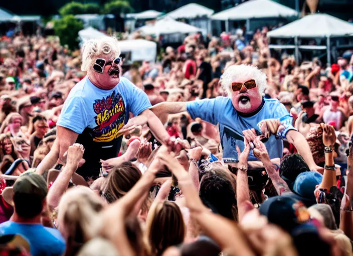 Image similar to photo still of rip taylor at vans warped tour!!!!!!!! at age 6 3 years old 6 3 years of age!!!!!!! stage diving at a crowd, 8 k, 8 5 mm f 1. 8, studio lighting, rim light, right side key light