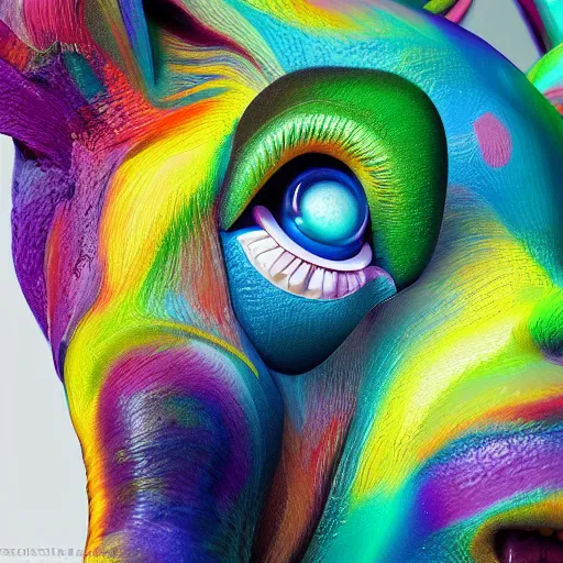 Image similar to a close up of a colorful animal's face, a 3 d render by alberto seveso, featured on zbrush central, cloisonnism, rendered in cinema 4 d, detailed painting, zbrush