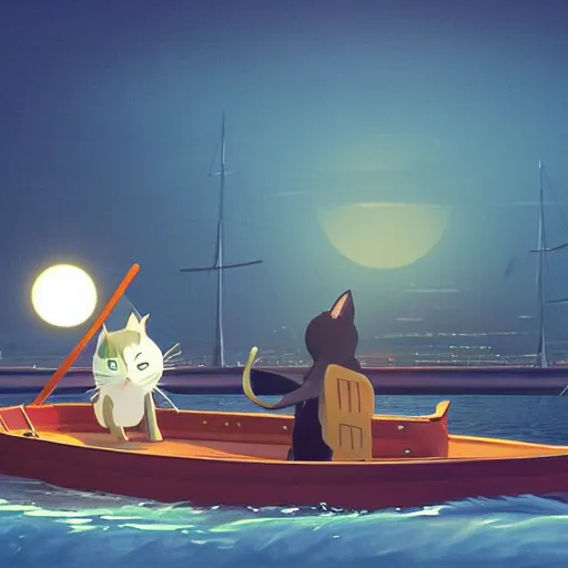 Image similar to a wholesome animation key shot of a black cat sailing a boat in the night, medium shot, studio ghibli, pixar and disney animation, sharp, rendered in unreal engine 5, anime key art by greg rutkowski, bloom, dramatic lighting