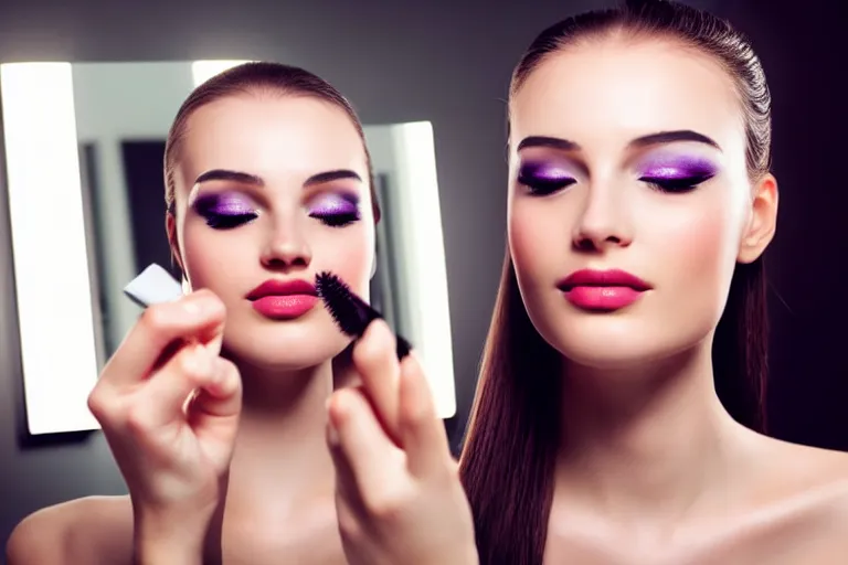 Image similar to beautiful female android, putting on makeup in front of a bathroom mirror