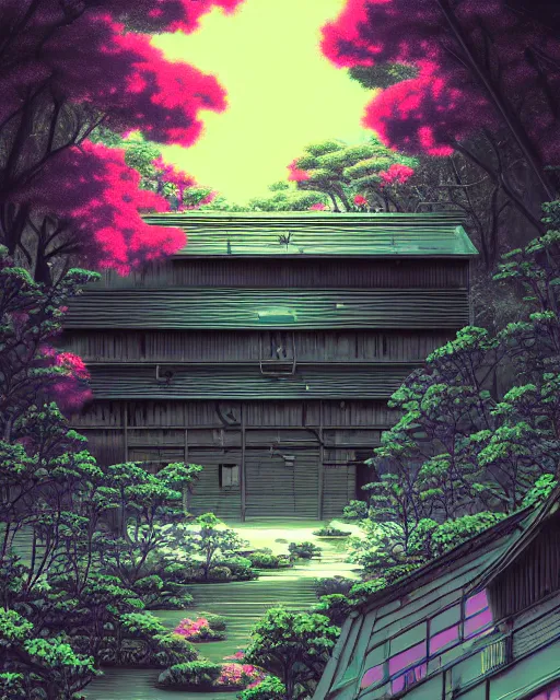 Prompt: a beautiful very detailed anime illustration of nature chalet industrial architecture abandoned urbex building architecture by martin johnson heade, architecture island flowers forest galactic neon noir infrared vice city thermal imaging, archdaily, wallpaper, highly detailed, trending on artstation.