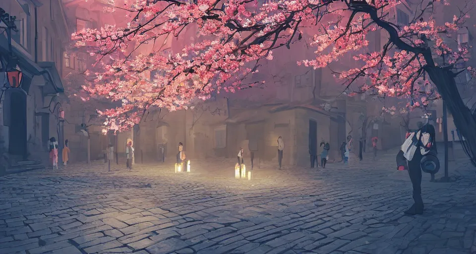 Prompt: Anime picture of Prague old town with blooming sakura and candles on the ground, volumetric lighting, glowing lights, 4k, octane, digital painting, artstation, concept art, sharp focus, illustration, art by Makoto Shinkai and Ilya Kuvshinov