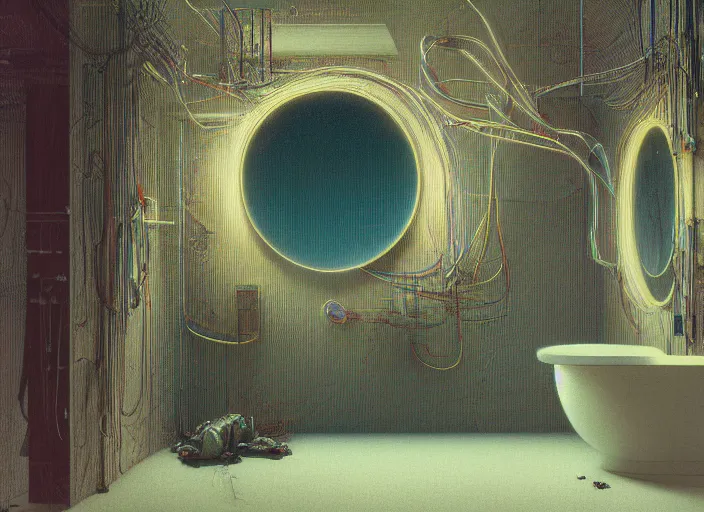 Image similar to A bathroom, mirror, neon, RGB, glowing wires everywhere, decay, by Edgar Maxence and Ross Tran, Zdzisław Beksiński, and Michael Whelan, distant, gustav dore, H.R. Giger, 8k, octane render