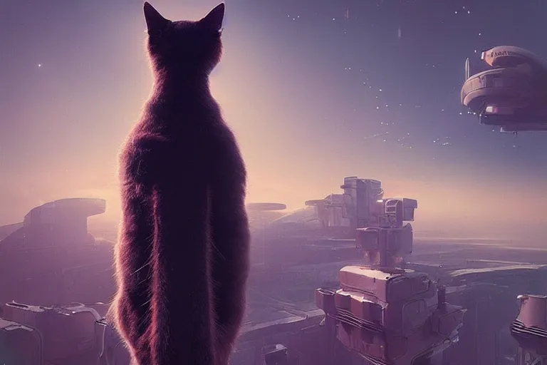 Image similar to cat high up in the sky, cyberpunk art by mike winkelmann, trending on cgsociety, retrofuturism, reimagined by industrial light and magic, darksynth, sci - fi