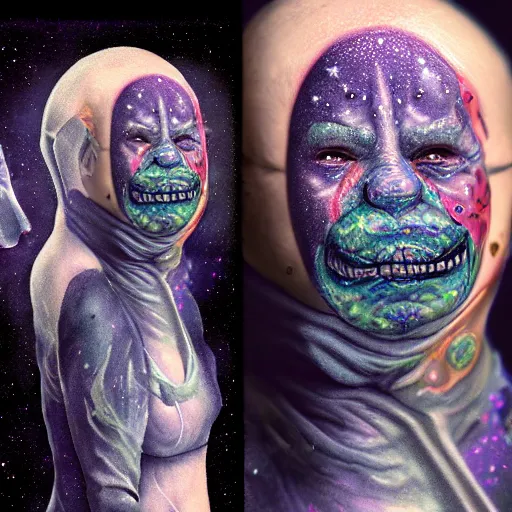 Prompt: 3d render of highly detailed hyper-detailed beautiful mystic portrait of a phantom undead pepe with whirling galaxy around, tattoos by Anton Pieck, intricate, extremely detailed, digital painting, artstation, concept art, smooth, sharp focus, illustration, intimidating lighting, incredible art,