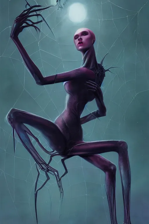 Prompt: portrait of an elegant alien spider queen, long legs, many legs, spindly legs, by artgerm, tom bagshaw, gerald brom, vaporwave colors, lo - fi colors, vaporwave, lo - fi, moody vibe, goth vibe, 4 k, hd,