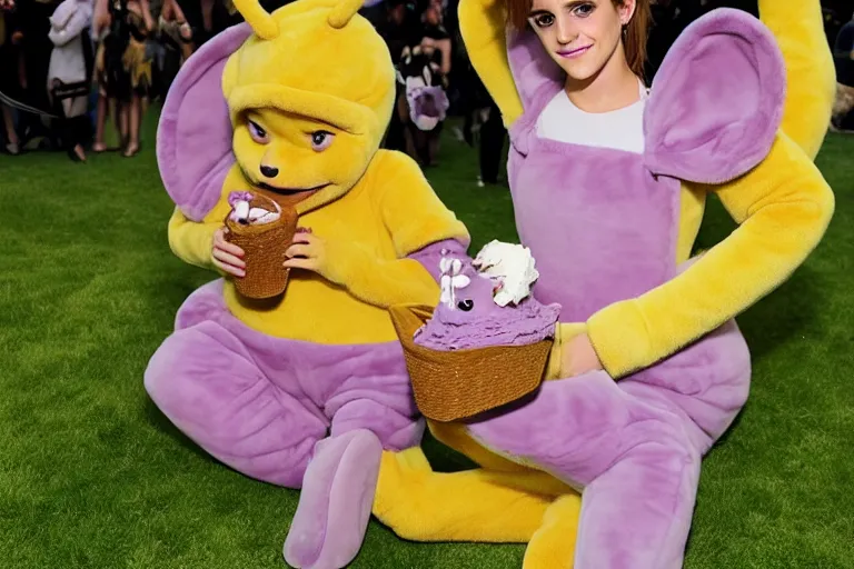 Prompt: photo, emma watson as antropomorphic furry - rat, teletubbies tinky winky, eats icecream, highly detailed, intricate details