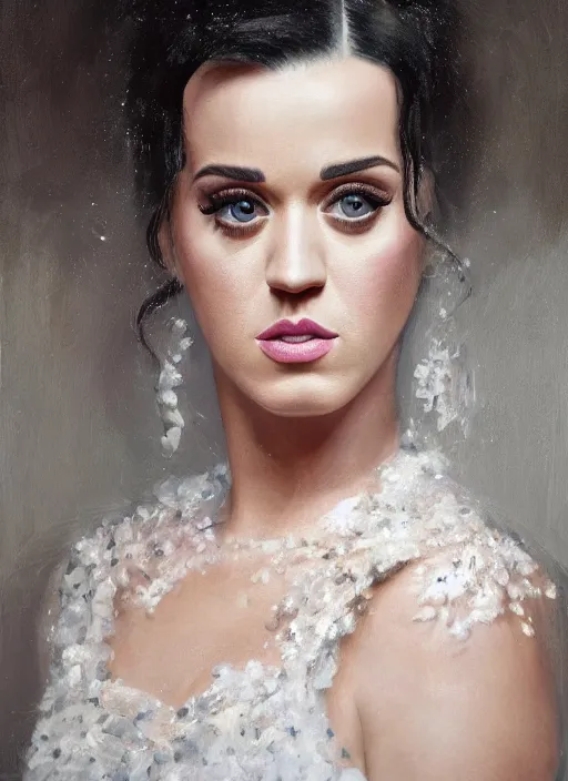 Image similar to cinematic portrait of katy perry in a white dress, intricate, elegant, by alyssa monks, highly detailed, smooth, sharp focus symmetrical face, fine details, masterpiece, trending on artstation