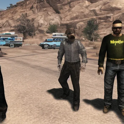 Image similar to walter white and jesse pinkman in fallout new vegas, gameplay screenshot, gamebryo engine, winnebago rv, epic, hd