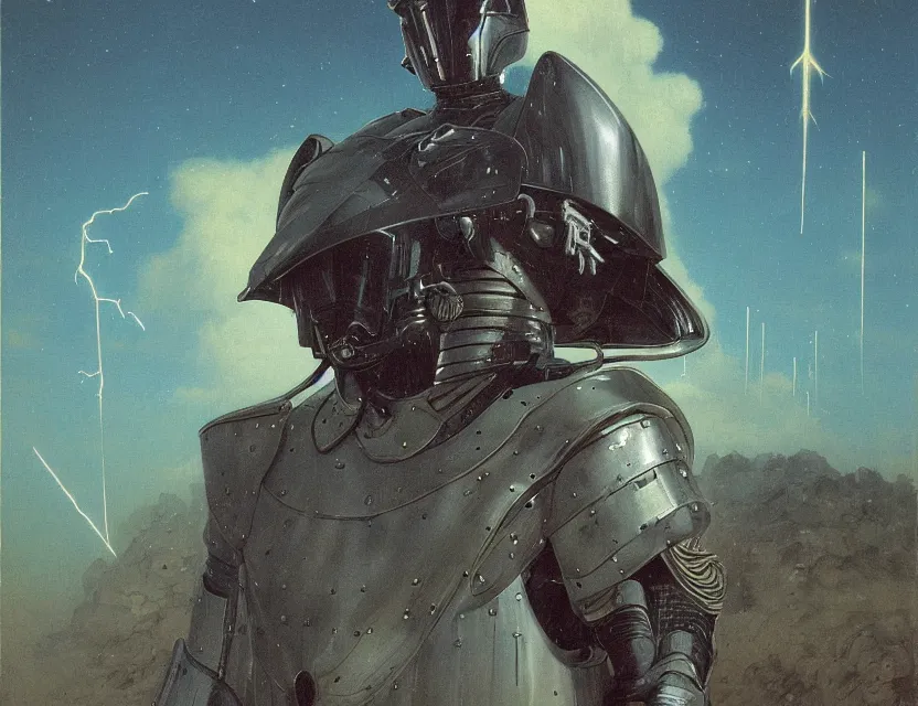 Image similar to a detailed portrait painting of a bounty hunter wearing combat armour and a reflective visor. Movie poster, cinematic sci-fi poster. Flight suit, cloth and metal, accurate anatomy. Samurai influence, knight influence. fencing armour. portrait symmetrical and science fiction theme with lightning, aurora lighting. clouds and stars. Futurism by moebius beksinski carl spitzweg moebius. baroque elements. baroque element. intricate artwork by caravaggio. Oil painting. Trending on artstation. 8k