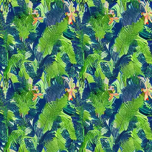 Prompt: exquisite fresh tropical rainforest print with beautiful and high resolution elements developed into seamless patterns