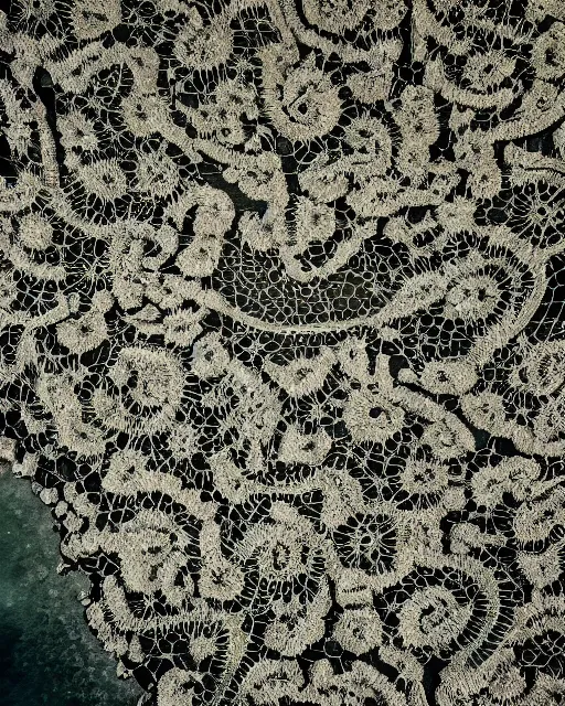 Image similar to an archipelago, made of intricate decorative lace leaf skeleton, shot from a drone, in the style of the dutch masters and gregory crewdson, dark and moody