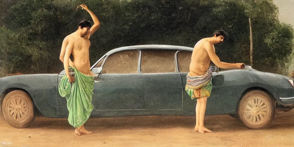 Prompt: man washing his car in the style of raja ravi verma