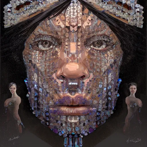 Image similar to portrait of a crystal face made of crystals 3 / 4 bottom view ominous, intricate, studio, art by anthony macbain + greg rutkowski + alphonse mucha, concept art, 4 k, sharp focus