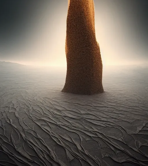 Prompt: surreal theory of elysian unfinished tilted tower made of crystalized futuristic veins, aerial iridecent veins, moonbow, inverted white massive roots of sand in the floor, in the desert, foggy sky, dark starry night, octane render, unreal engine, pale colors, high detail, 8 k, wide angle, trending on artstation, behance