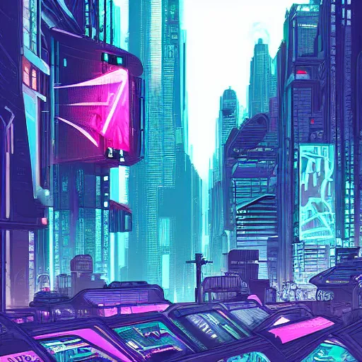 Prompt: digital painting of a cyberpunk city by Dan Mumford, trending on Artstation, hyperdetailed