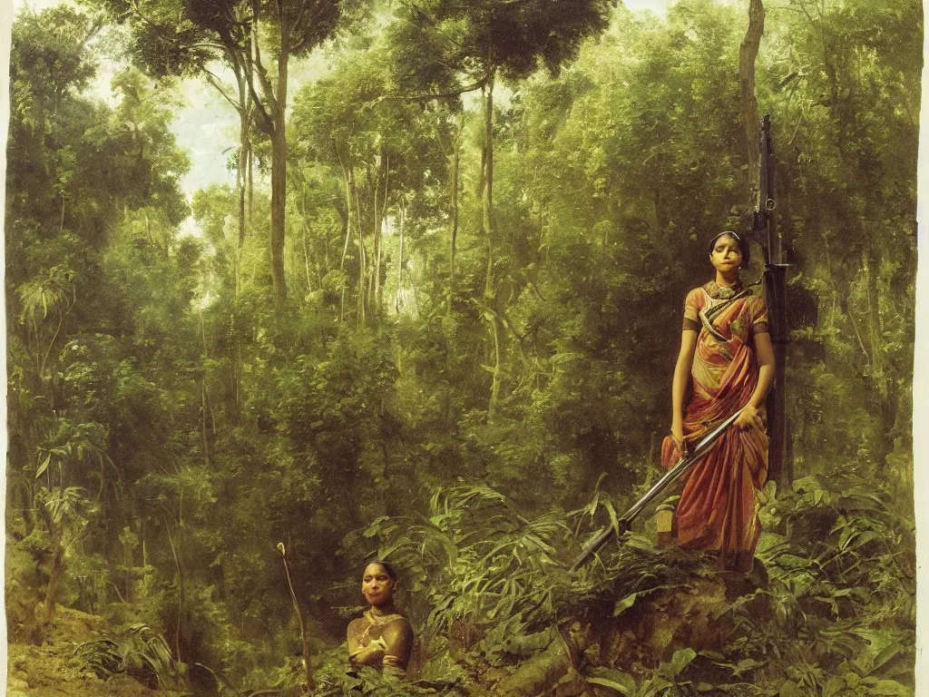 Image similar to sri lankan woman holding an ak 4 7 in a jungle next to an anc 8 8 ient ruin, by camille corot, third - person, f / 2 2, kinemacolor, rim lights, insanely detailed and intricate, hypermaximalist, elegant, ornate, hyper realistic, super detailed