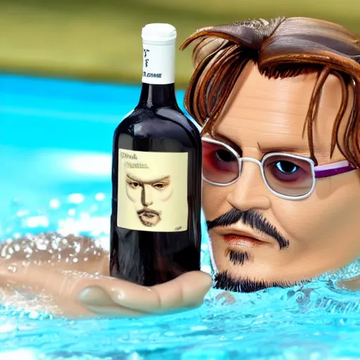 Prompt: johnny depp as nendoroid relaxing in the pool with bottle of wine, kodak film